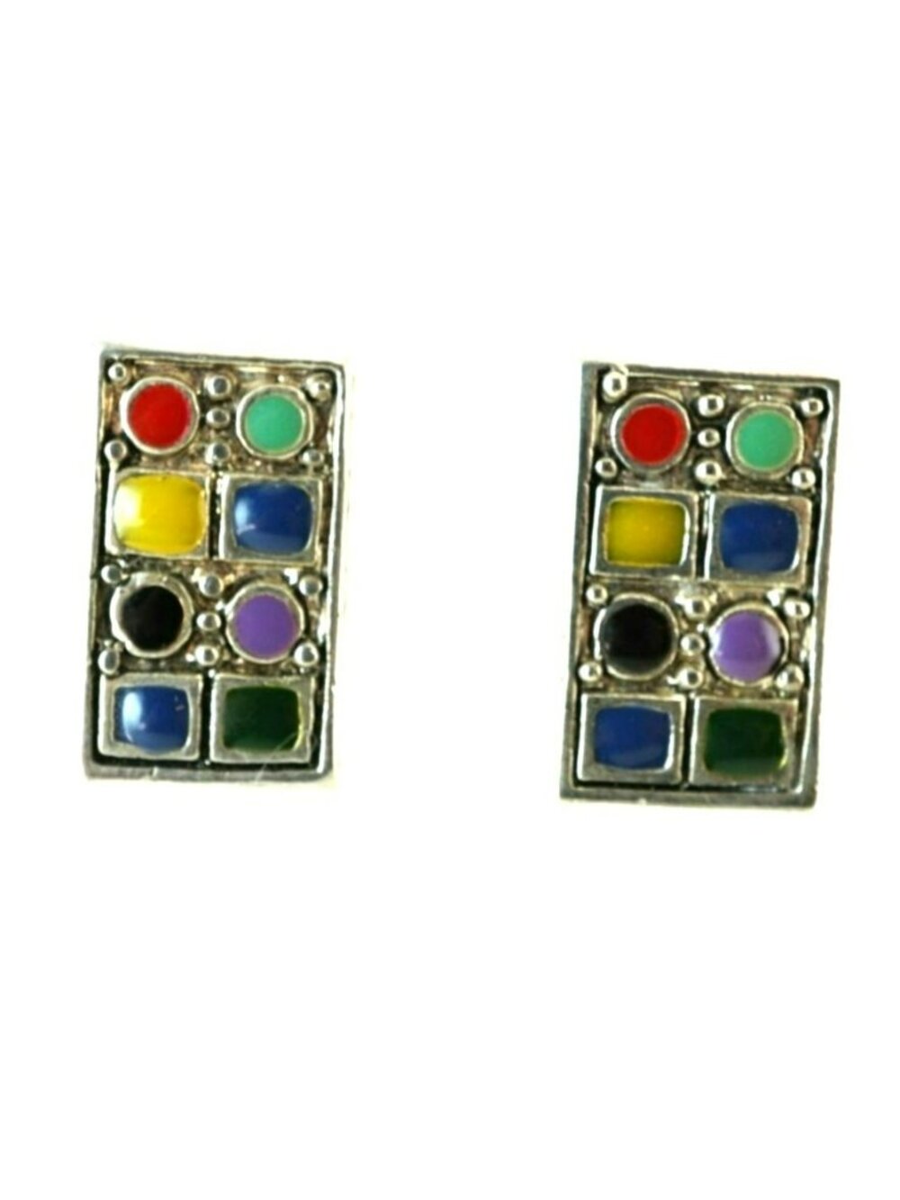 Vintage Silver Tone Multicolor Enamel Rectangle Stud Earrings Geometric